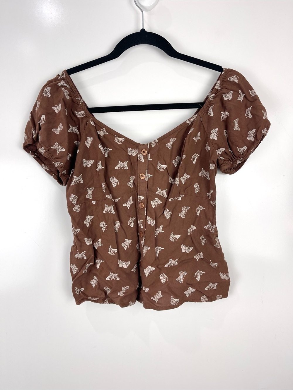 Hollister Brown Butterfly Print Top Size Medium Puff Sleeve Cottagecore Y2K